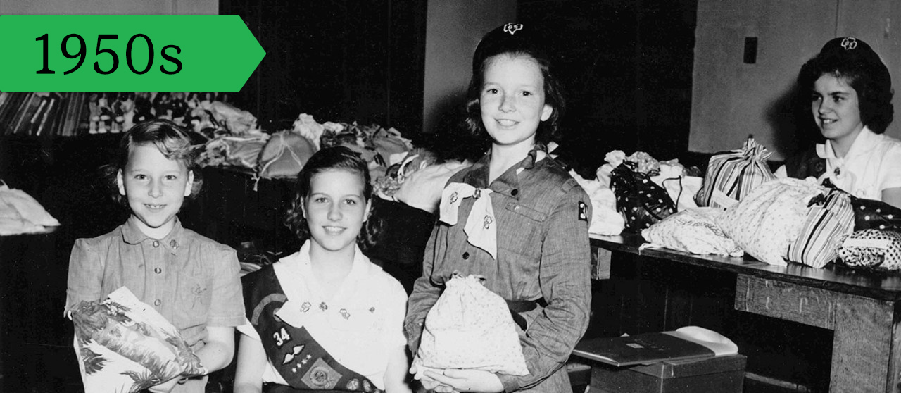 Central Los Angeles Girl Scouts prepare “Kits for Korea,” 1954.